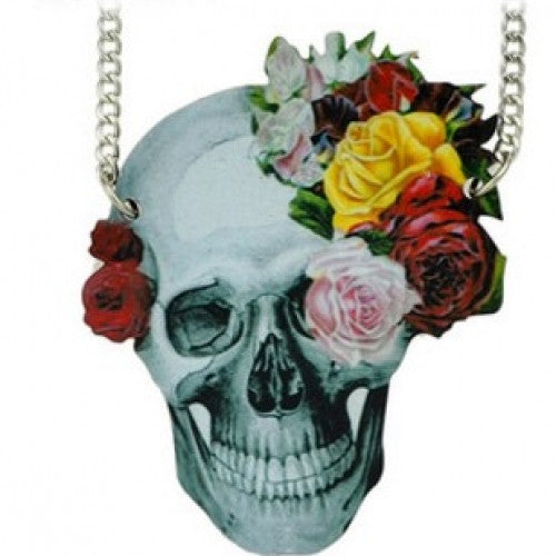 Anime Pendant Necklace Women Jewelry GothicSkull Statement Necklace With Flower Wood Material Steampunk Hip Hop