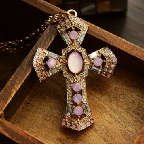 Long dainty necklace for women summer christian jewelry - Antique cross with pink crystals pendant